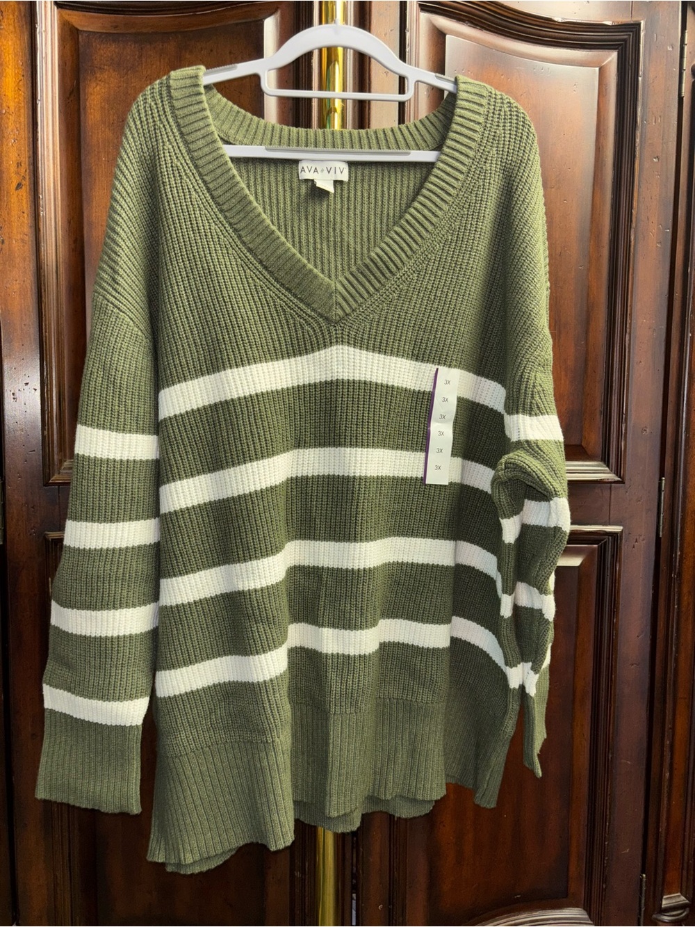 Ava & Viv Olive Green and White Striped V-Neck Pullover